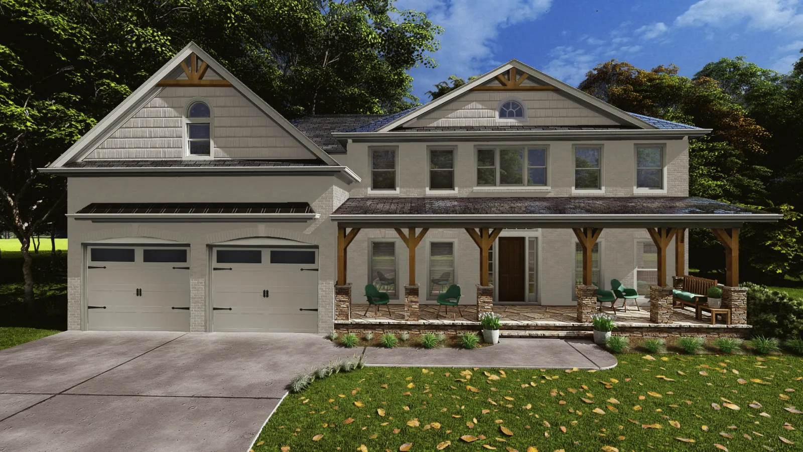 Two-story modern farmhouse with large front porch, double garage, and landscaped yard under blue sky.