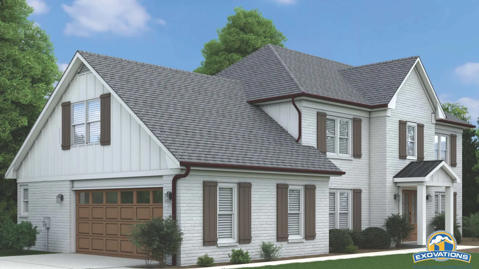 Modern two-story white house with brown shutters, a garage, and lush green landscaping under a blue sky.