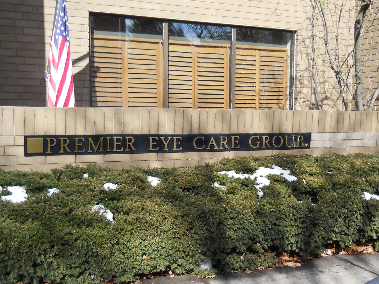Sign for Premier Eye Care Group on a brick wall with American flag and green shrubs with patches of snow.