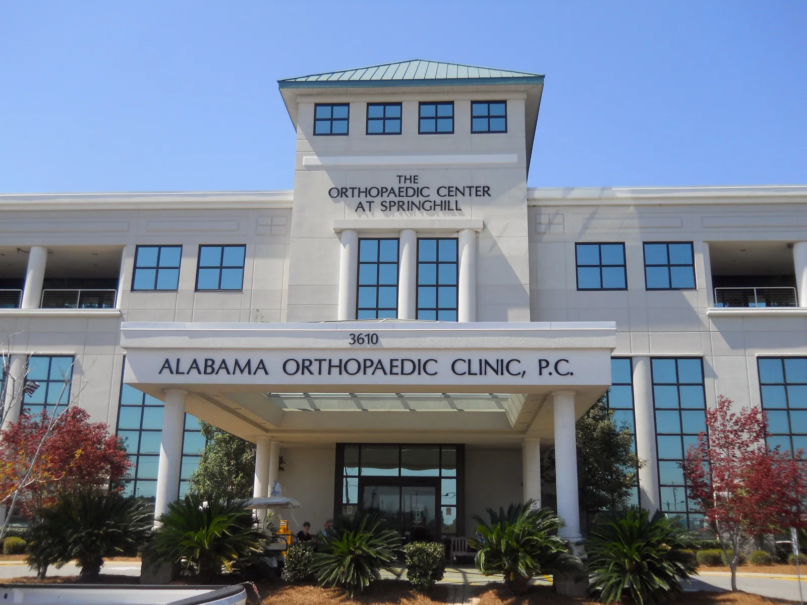 Front view of Alabama Orthopaedic Clinic building with glass windows and green landscaping under clear sky