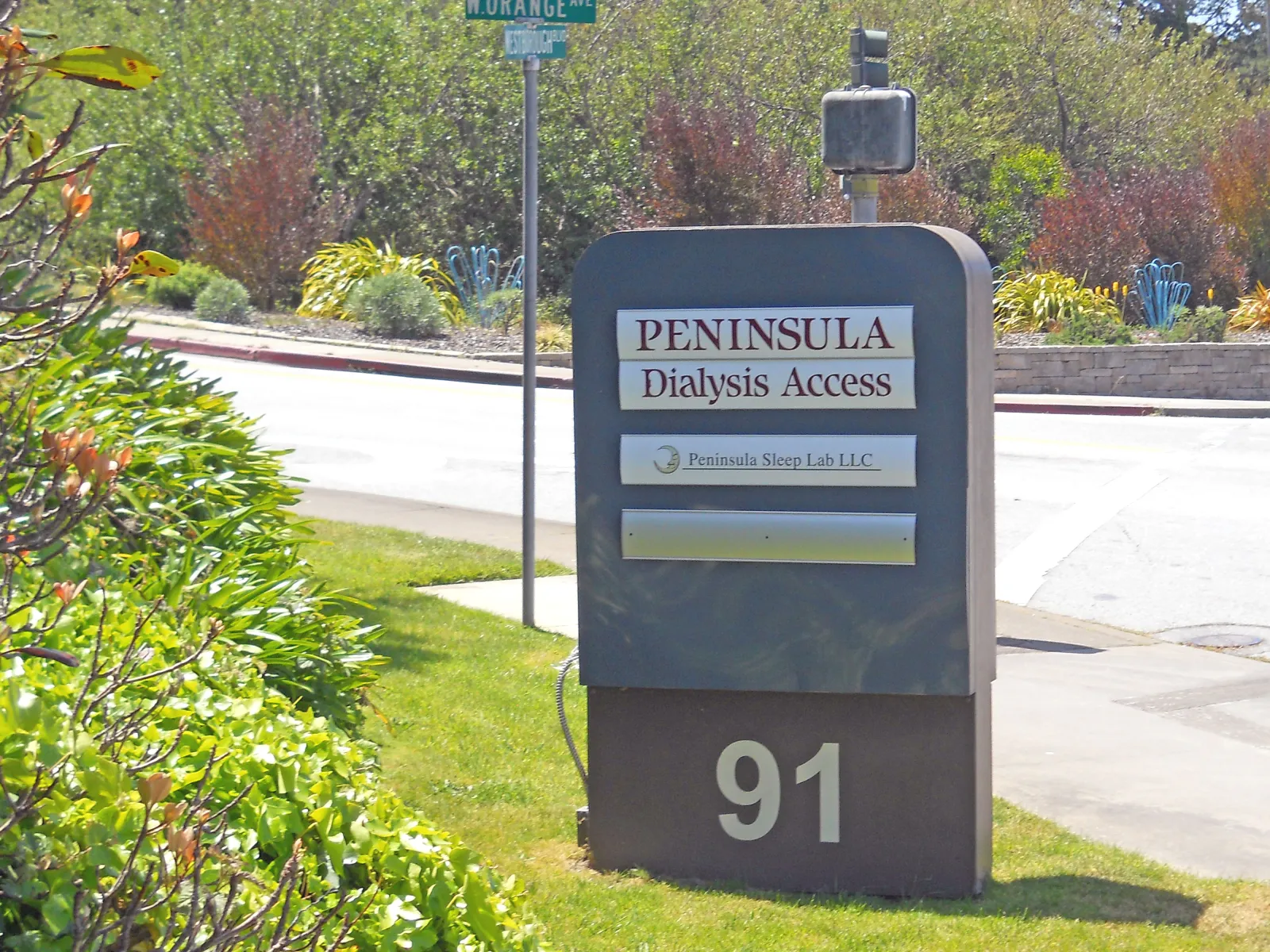 Sign for Peninsula Dialysis Access and Peninsula Sleep Lab LLC at 91 on a sunny street corner with greenery.