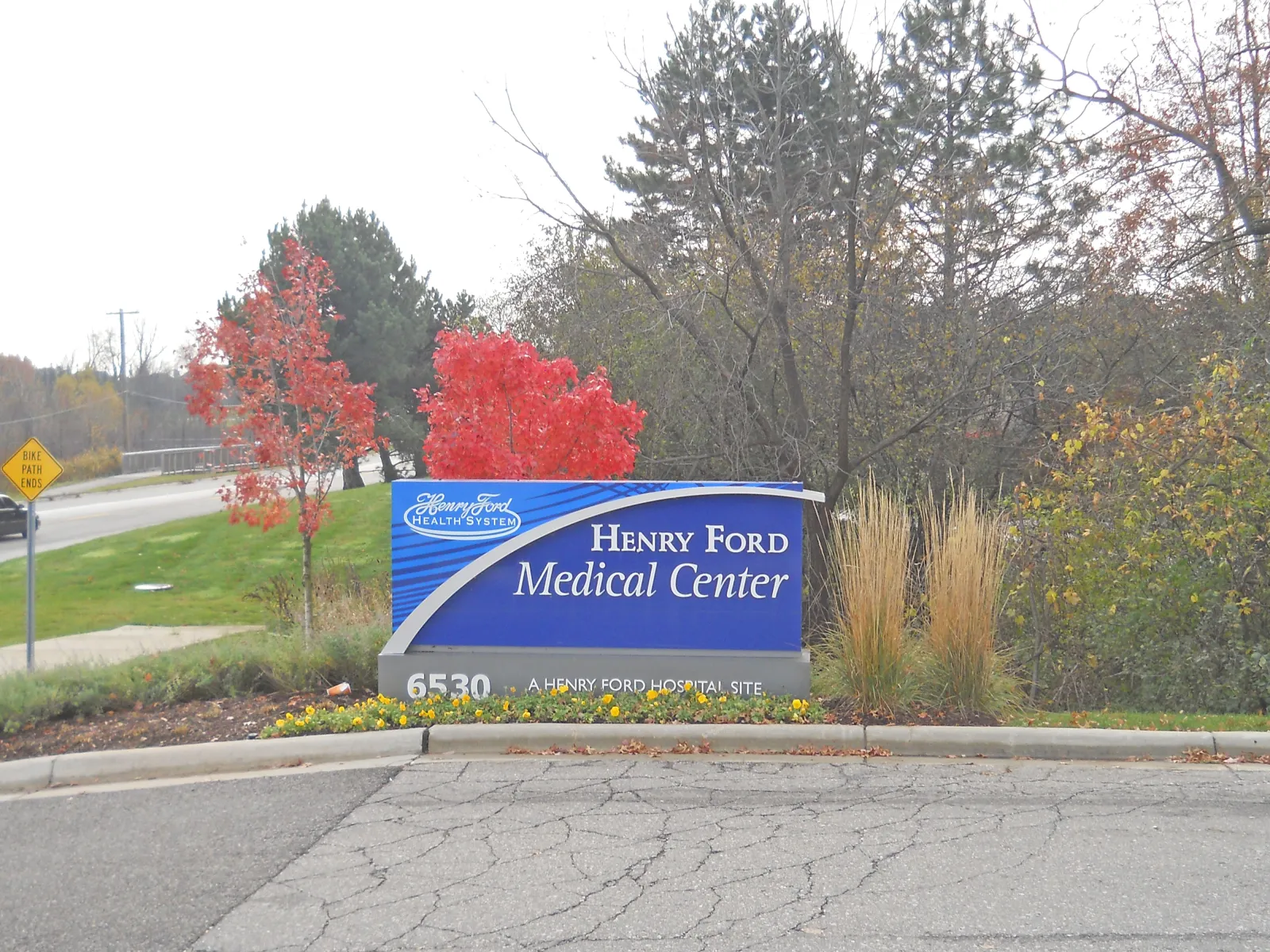 Henry Ford Medical Center sign with autumn trees and foliage in the background near a roadside.