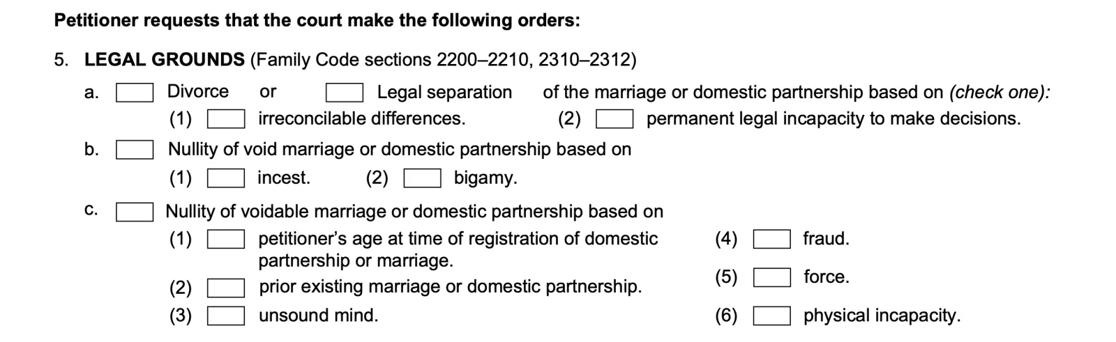 Page 2 of divorce petition that lists grounds for divorce