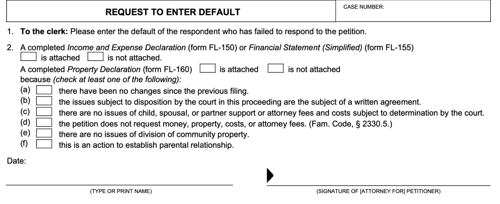 Front page of request to enter default form