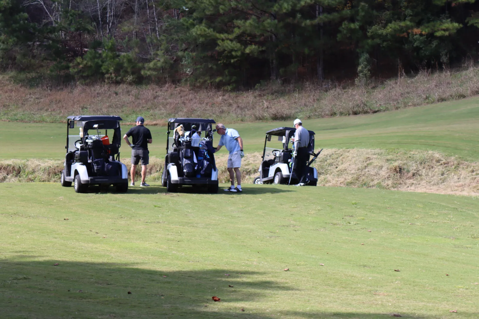 a group of people on golf carts