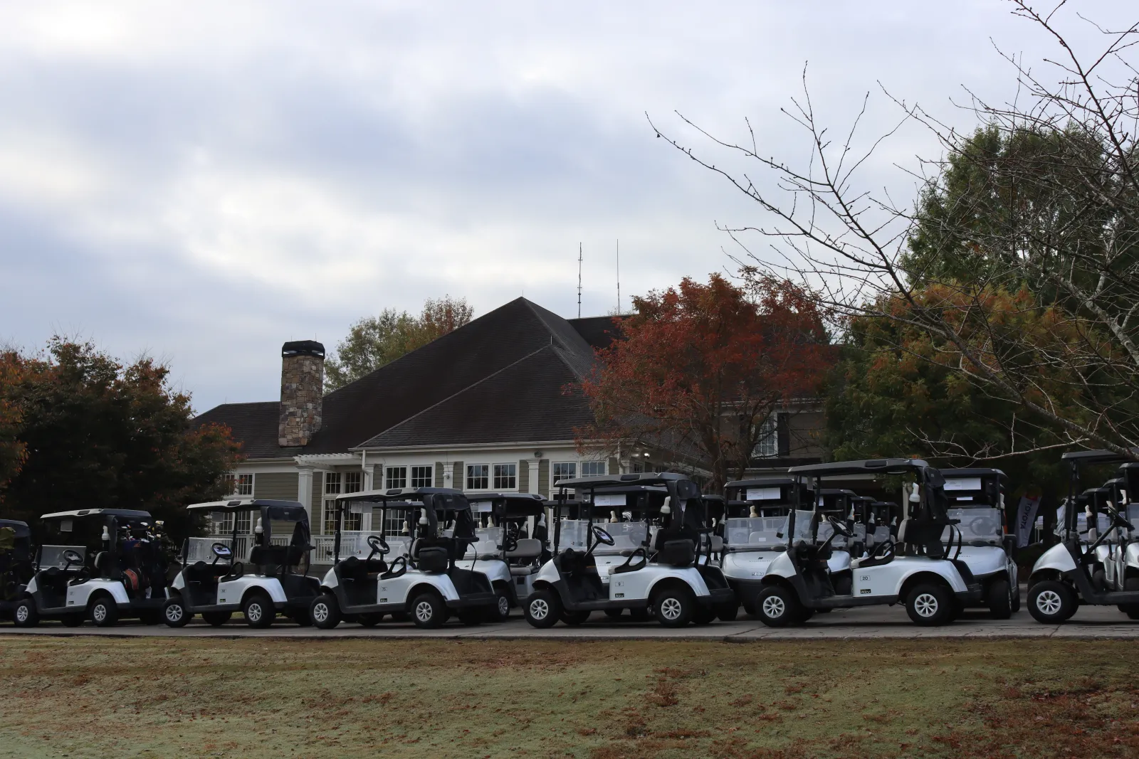a row of golf carts parked in front of a house