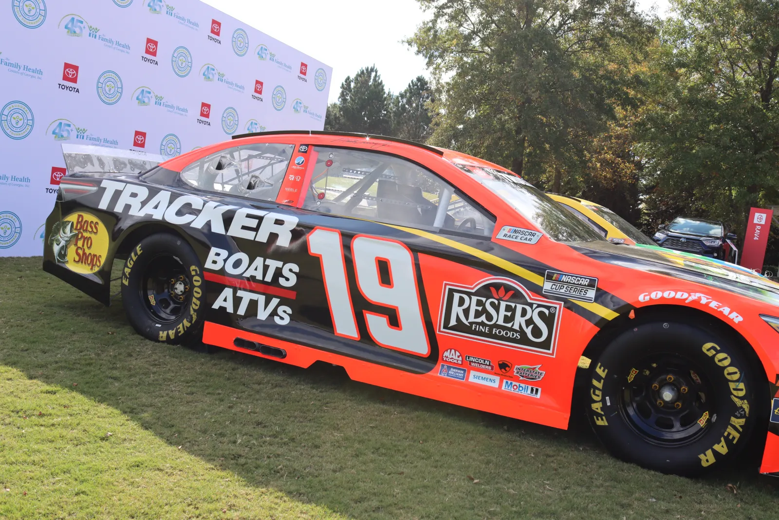 a race car parked on grass