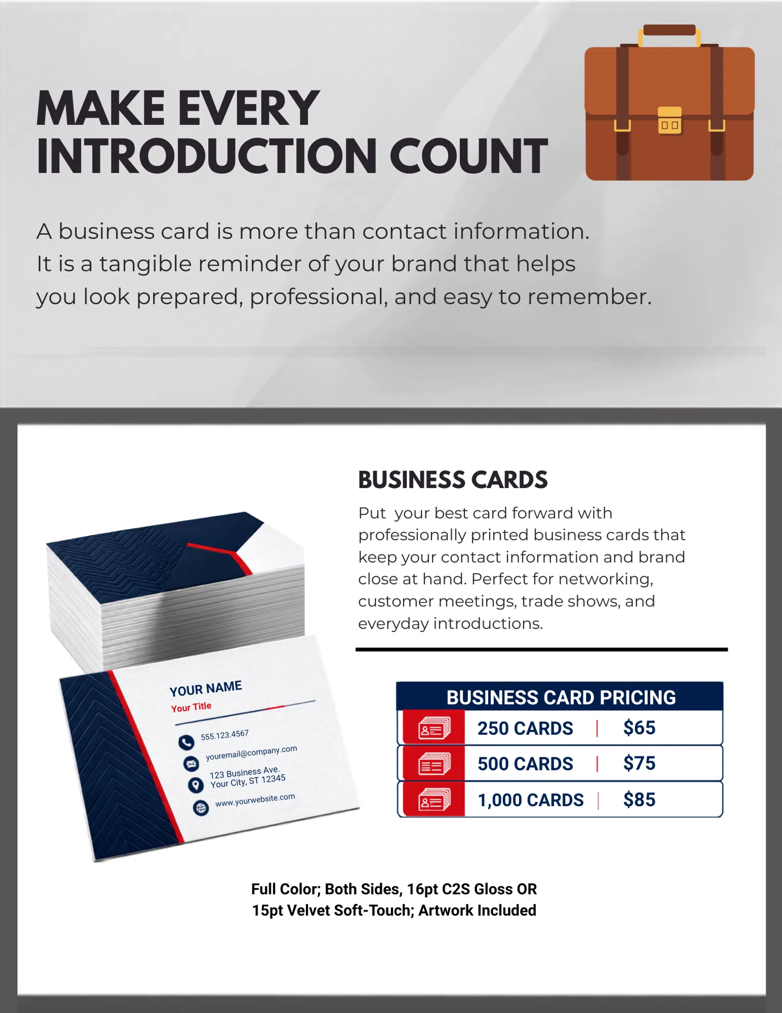 Professional business cards with pricing details and a brief on making every introduction count.