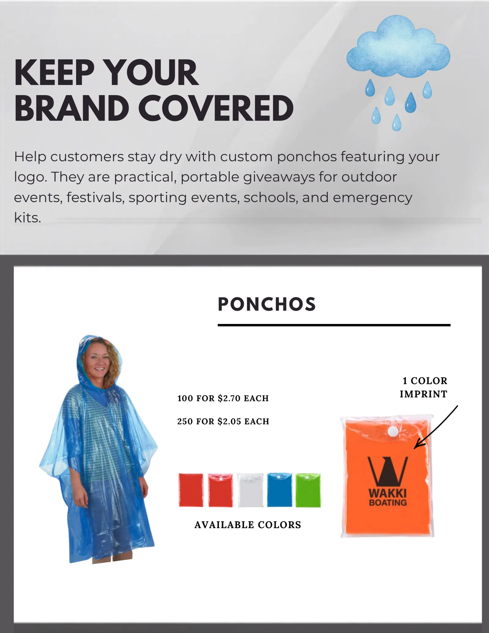 Custom branded translucent ponchos in multiple colors for outdoor events with logo imprint and pricing details.