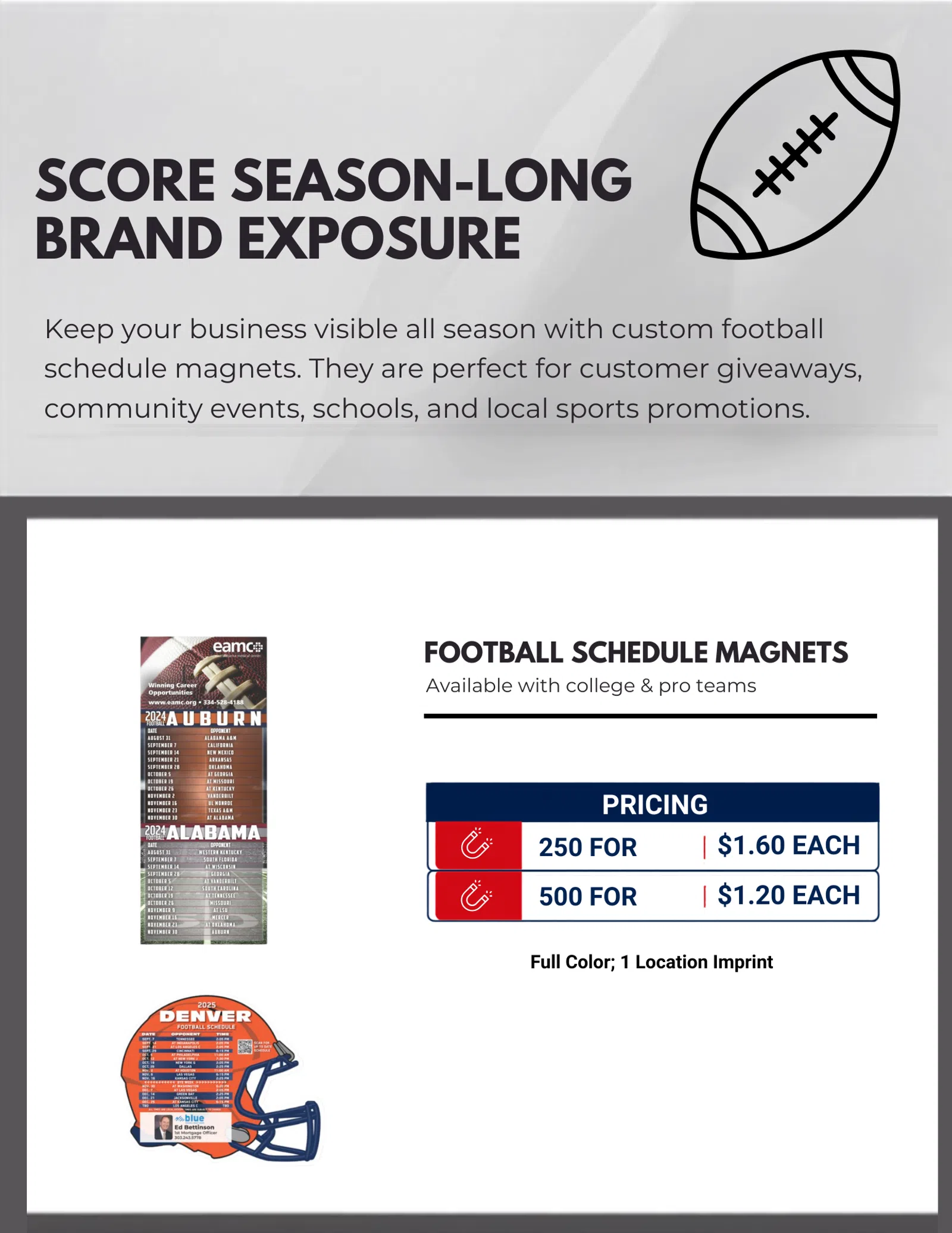 Custom football schedule magnets featuring college and pro teams for season-long brand exposure and promotional giveaways.