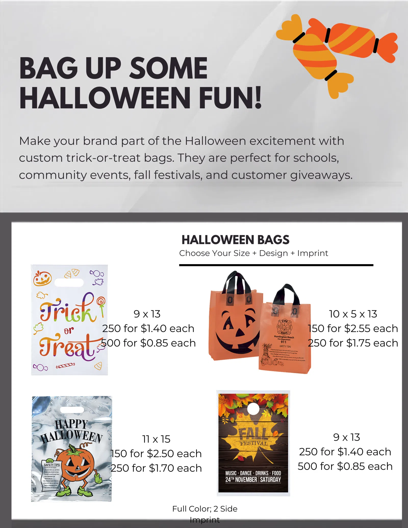 Custom Halloween trick-or-treat bags with pumpkin and fall festival designs, available in various sizes and prices.