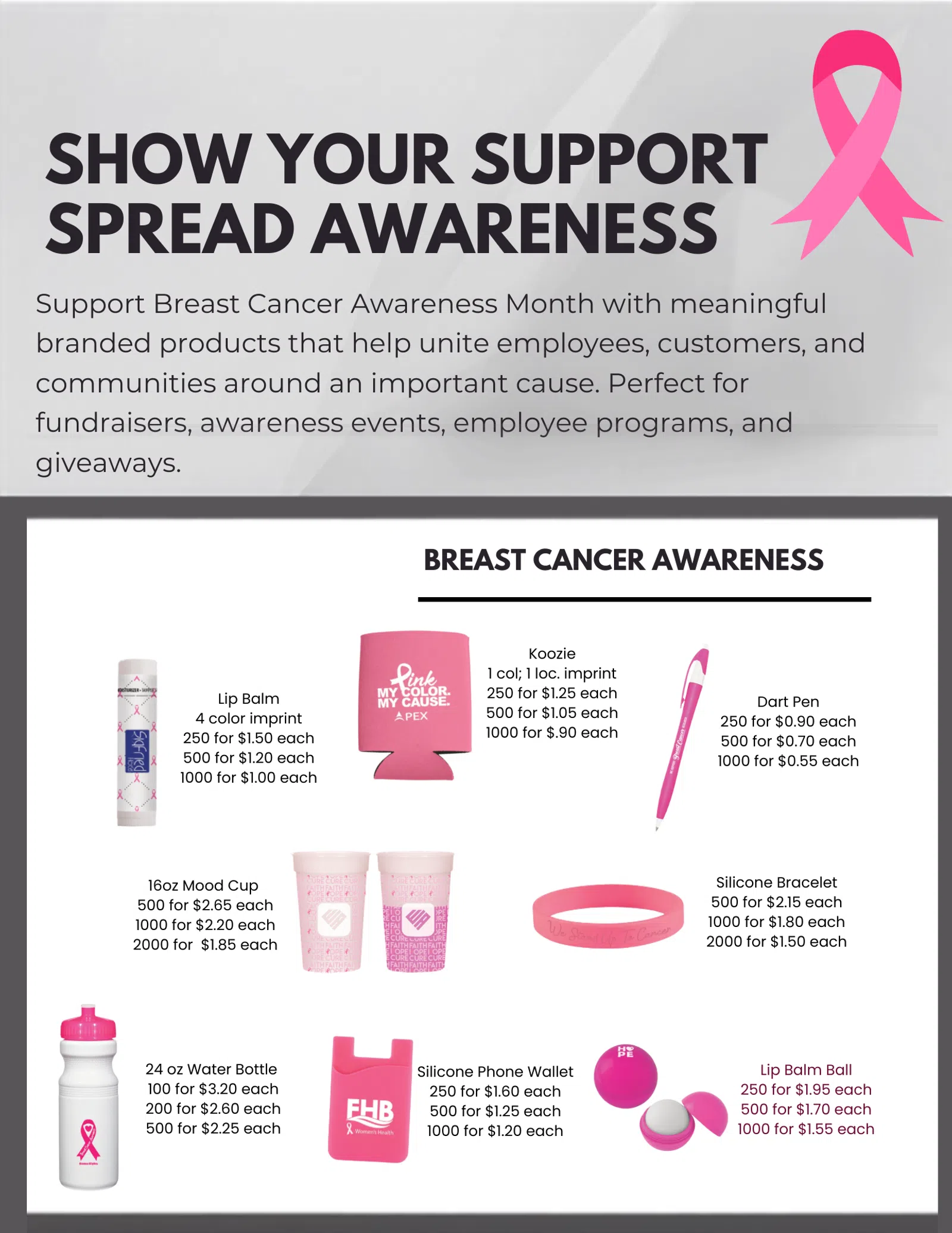 Breast Cancer Awareness Month promo with pink ribbon, branded products like lip balm, koozie, pen, bracelet, and cup.