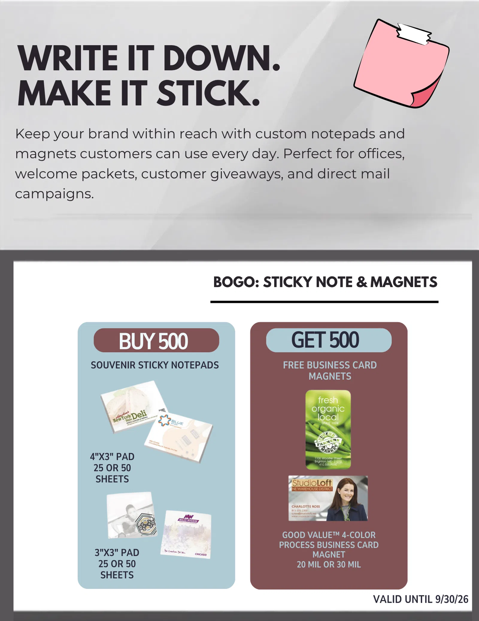 Promotional offer for custom sticky notepads and business card magnets with buy one get one free deal.