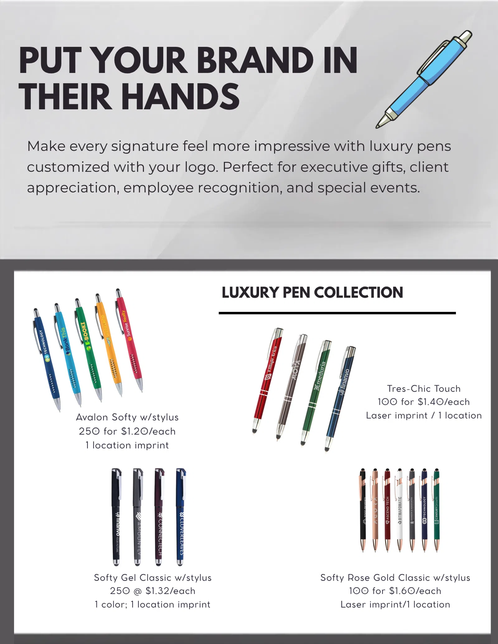 Luxury pens in various colors and styles with custom logo imprints for executive gifts and events.