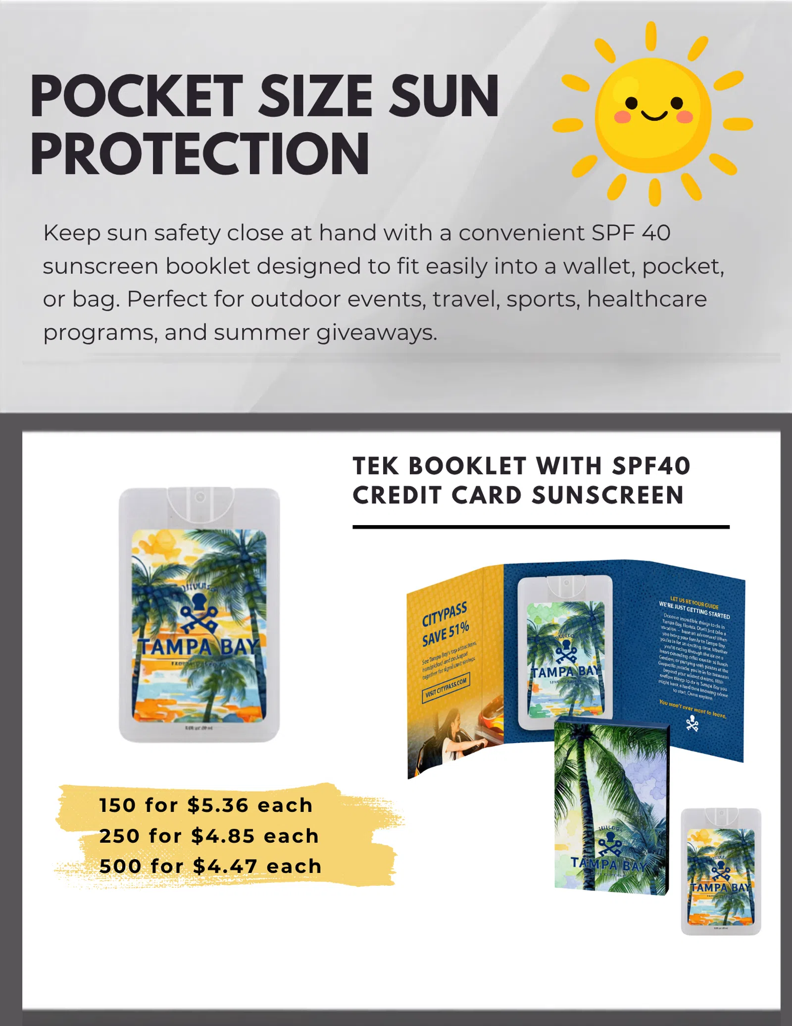 Pocket-size SPF 40 credit card sunscreen booklet with tropical Tampa Bay design for easy sun protection on the go.