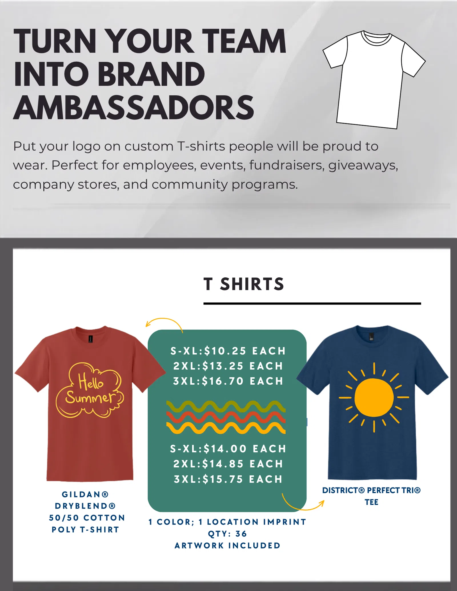 Custom T-shirts with logos for teams as brand ambassadors, showing pricing for Gildan and District tees
