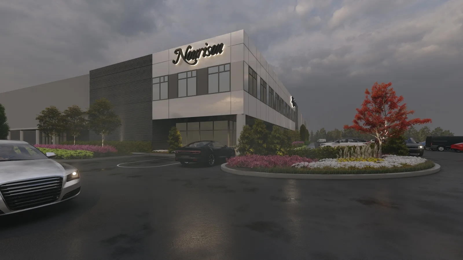 a building with cars parked in front