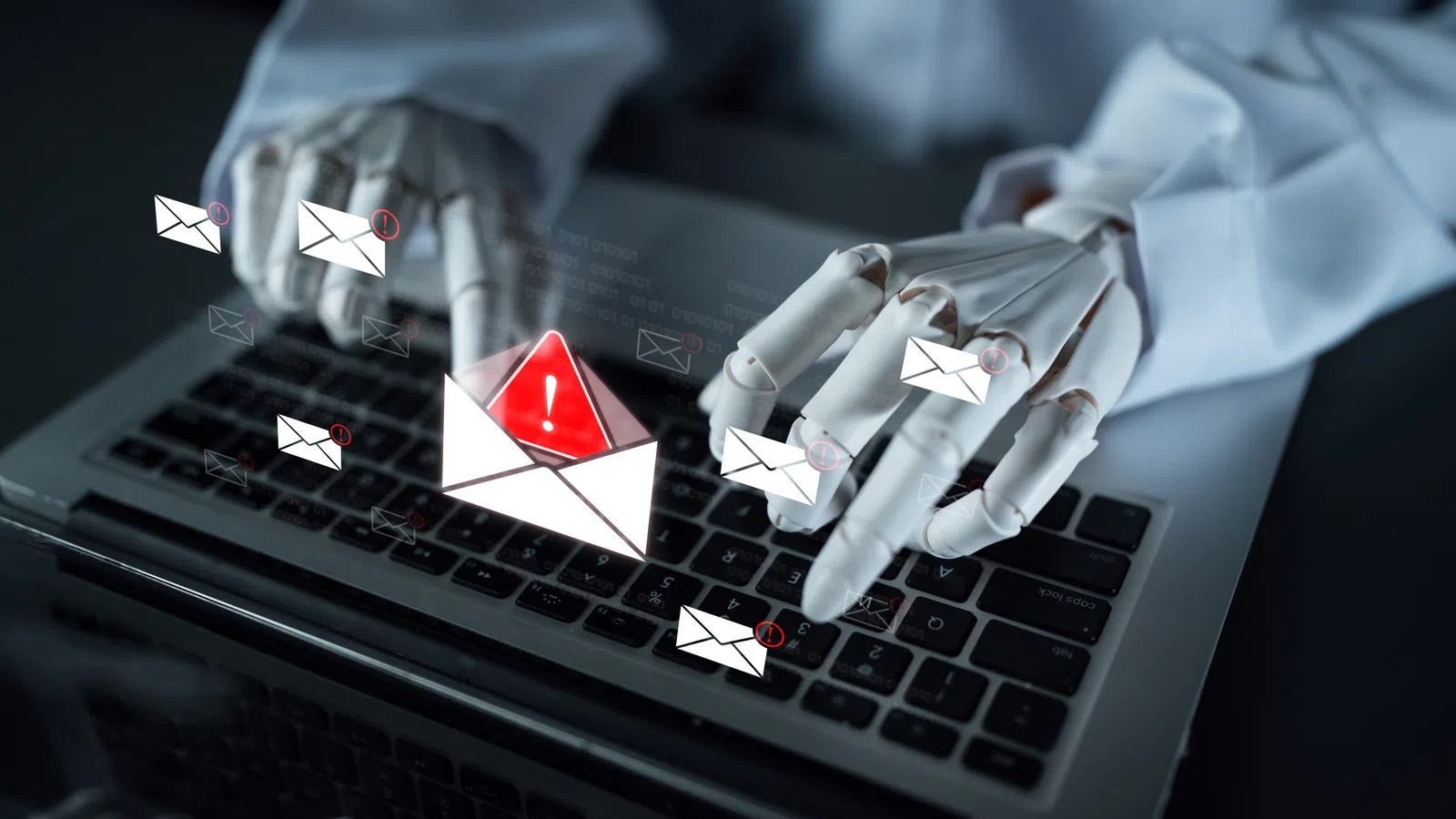 Robot hands typing on laptop keyboard with digital warning emails floating, symbolizing cyber threat or spam attacks.