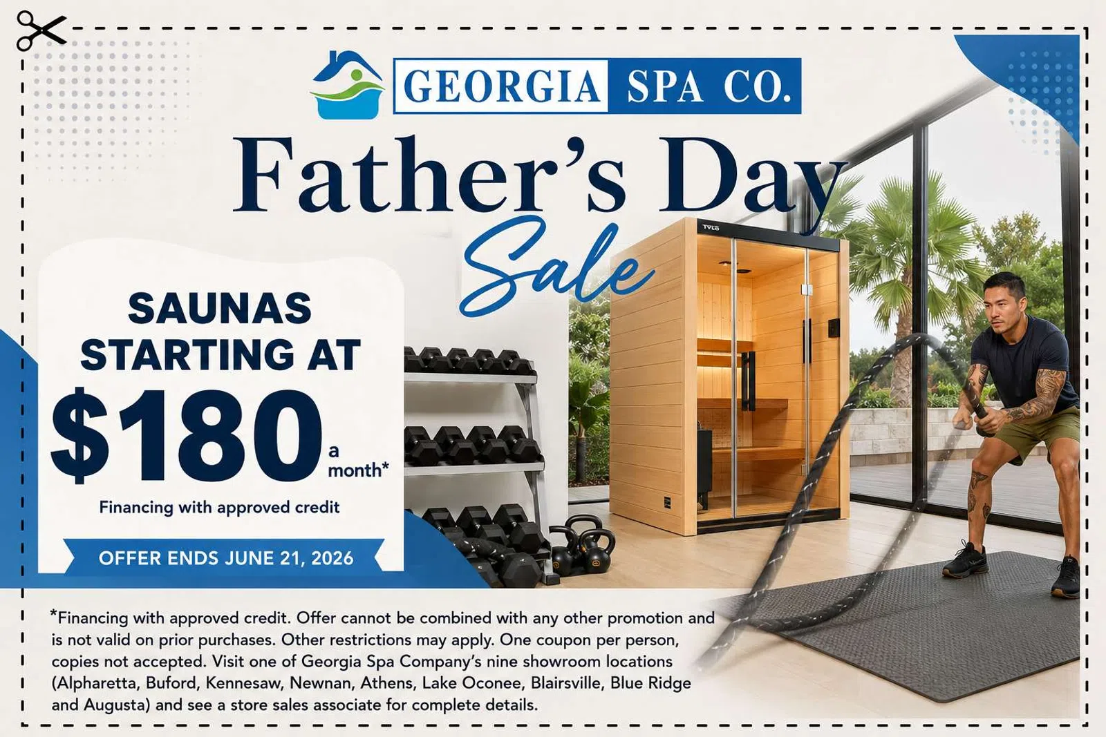 Father's Day sale at Georgia Spa Co offers saunas from $180 a month with financing and showroom locations.