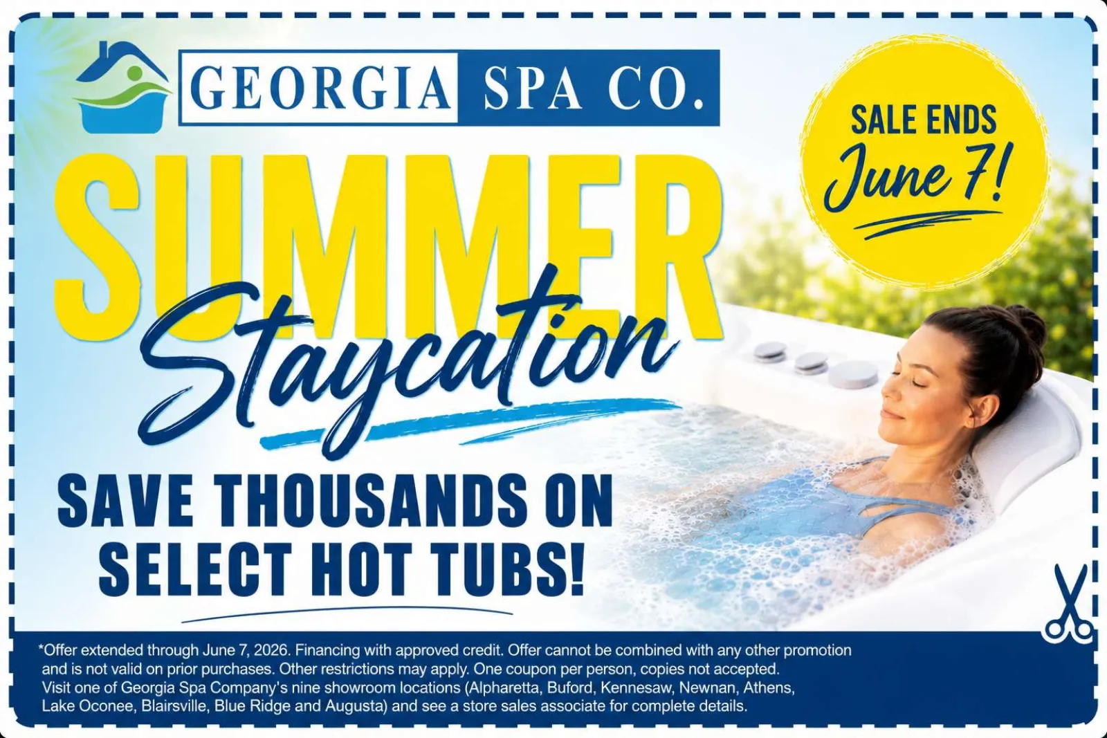 Woman relaxing in hot tub with Summer Staycation sale announcement from Georgia Spa Co., ending June 7.