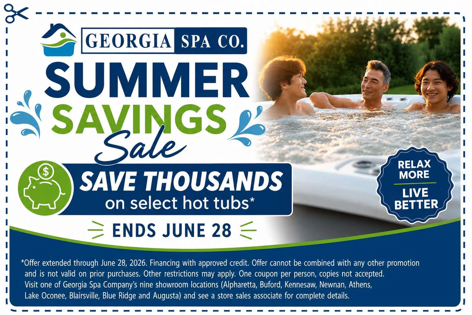 Georgia Spa Co. summer savings sale offering thousands off select hot tubs ending June 28 with people enjoying a hot tub.
