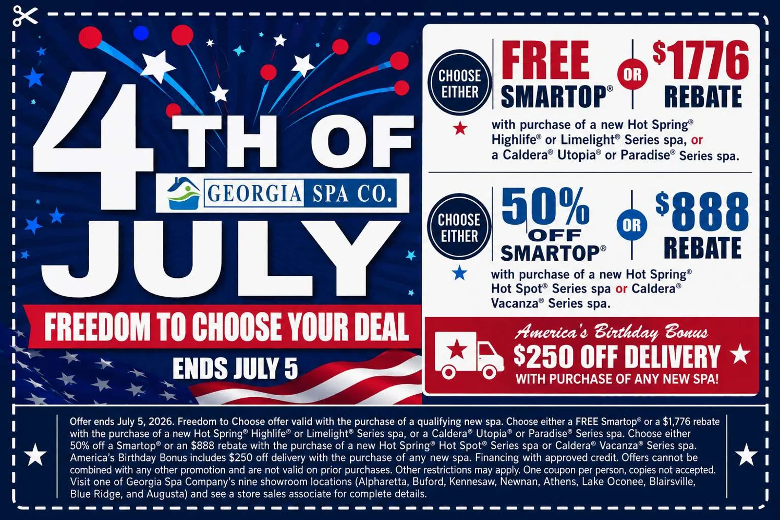 4th of July spa sale with freedom to choose deal, free Smartop or rebates up to $1776, plus $250 off delivery offer.