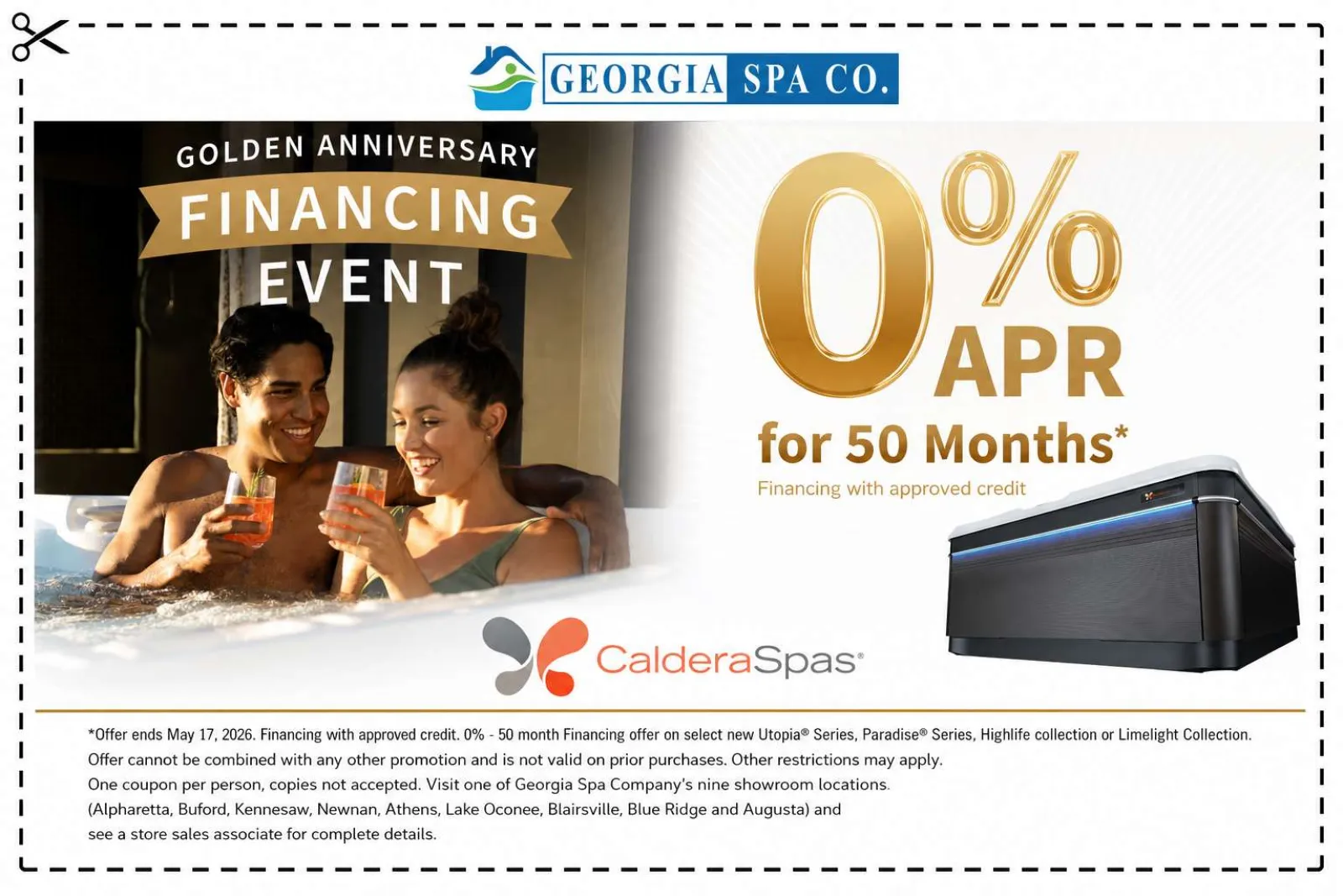 Couple enjoying hot tub with 0% APR financing offer for 50 months from Georgia Spa Co. Golden Anniversary event.