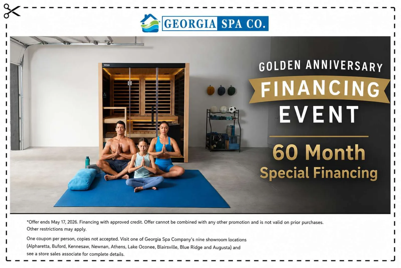Family meditating on yoga mat in front of modern sauna in spacious room promoting financing event.