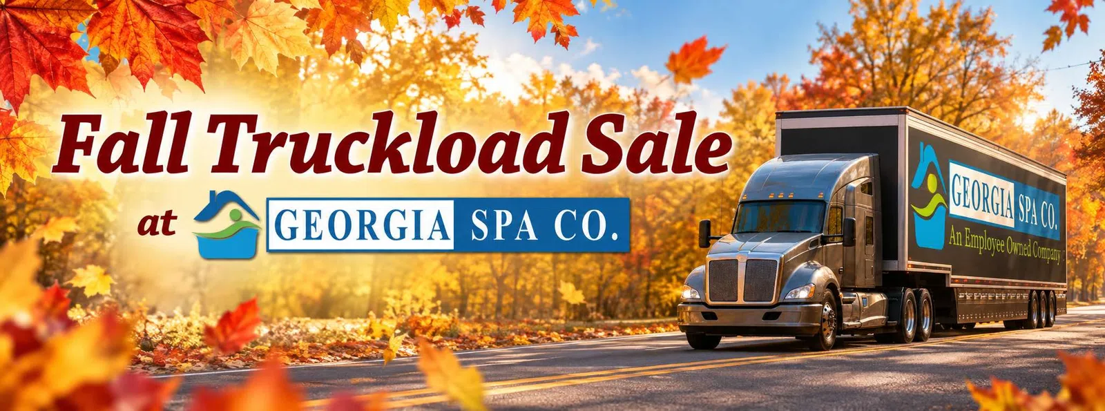 Fall truckload sale at Georgia Spa Co. with a delivery truck on a scenic autumn road with colorful fall leaves.