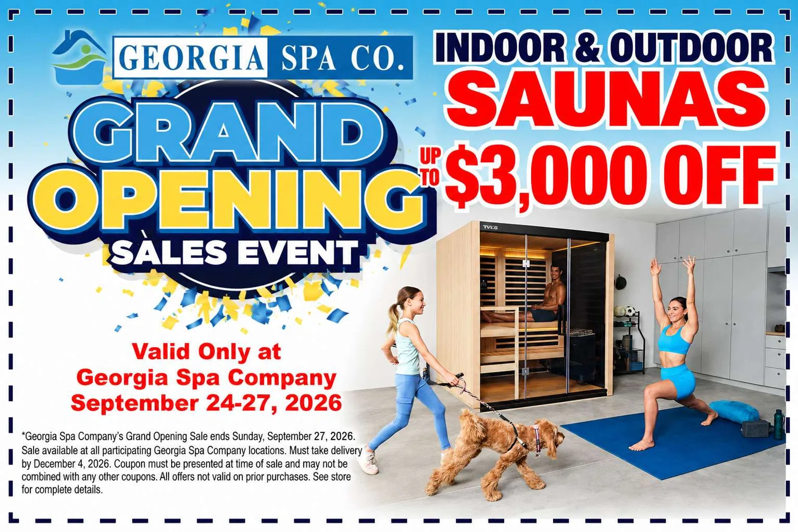 Georgia Spa Company Grand Opening sale on indoor and outdoor saunas with up to $3,000 off, valid Sept 24-27, 2026.