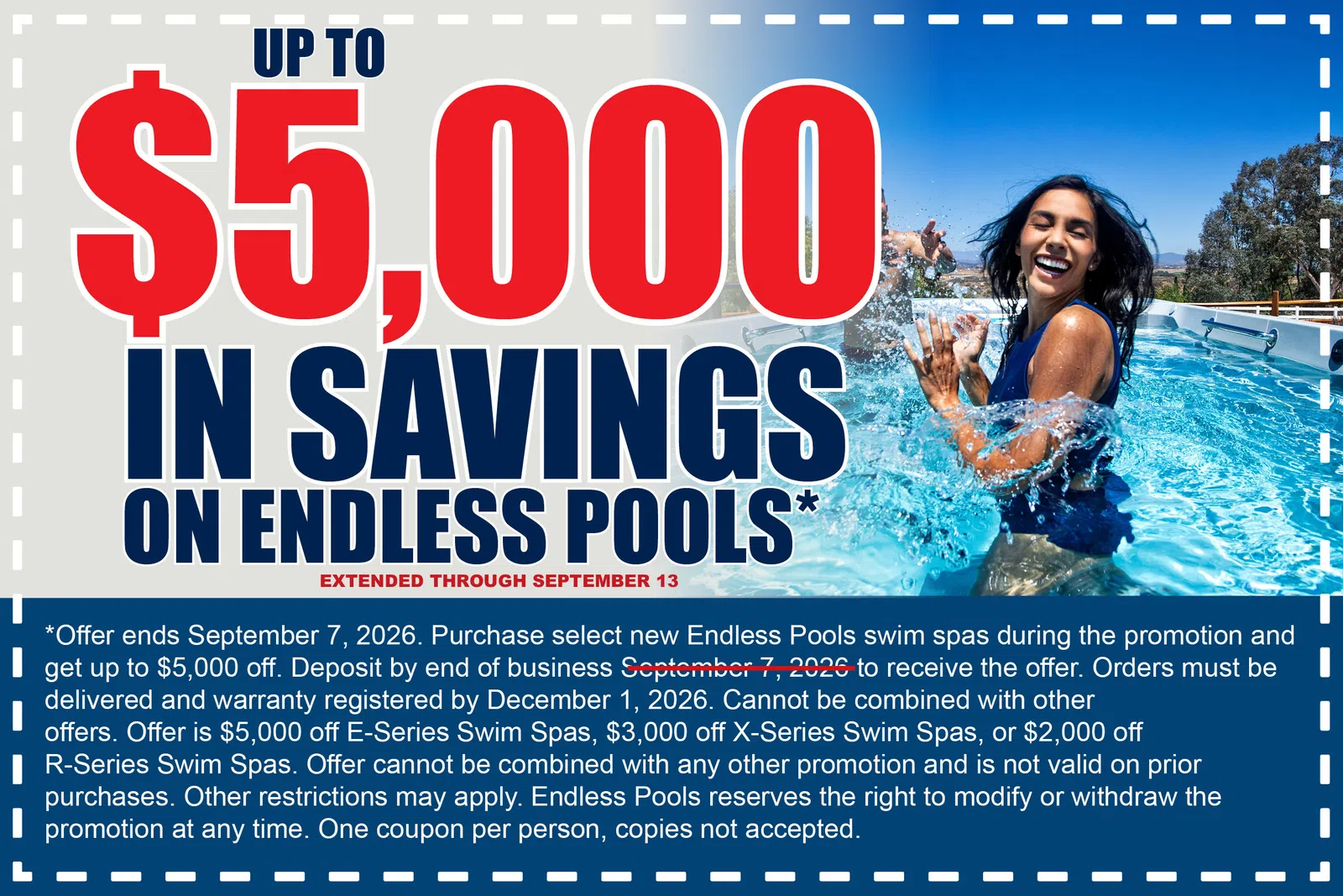 Smiling woman enjoying Endless Pool with text advertising up to $5,000 savings on Endless Pools through September 13.
