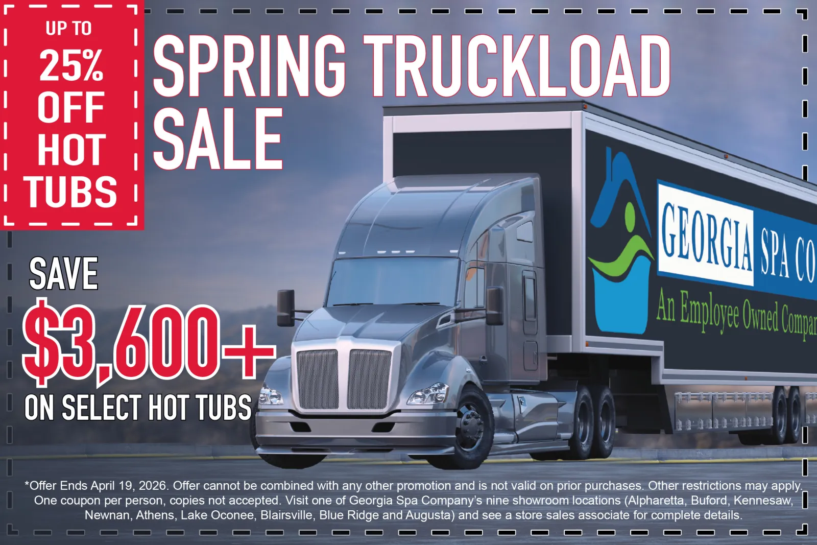 Four people enjoying a hot tub outdoors with a Georgia Spa Co. advertisement and financing offer text.