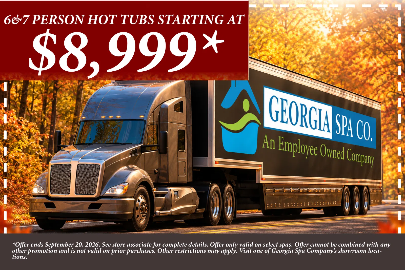 Semi truck with Georgia Spa Co. trailer advertising hot tubs starting at $8,999 in autumn setting