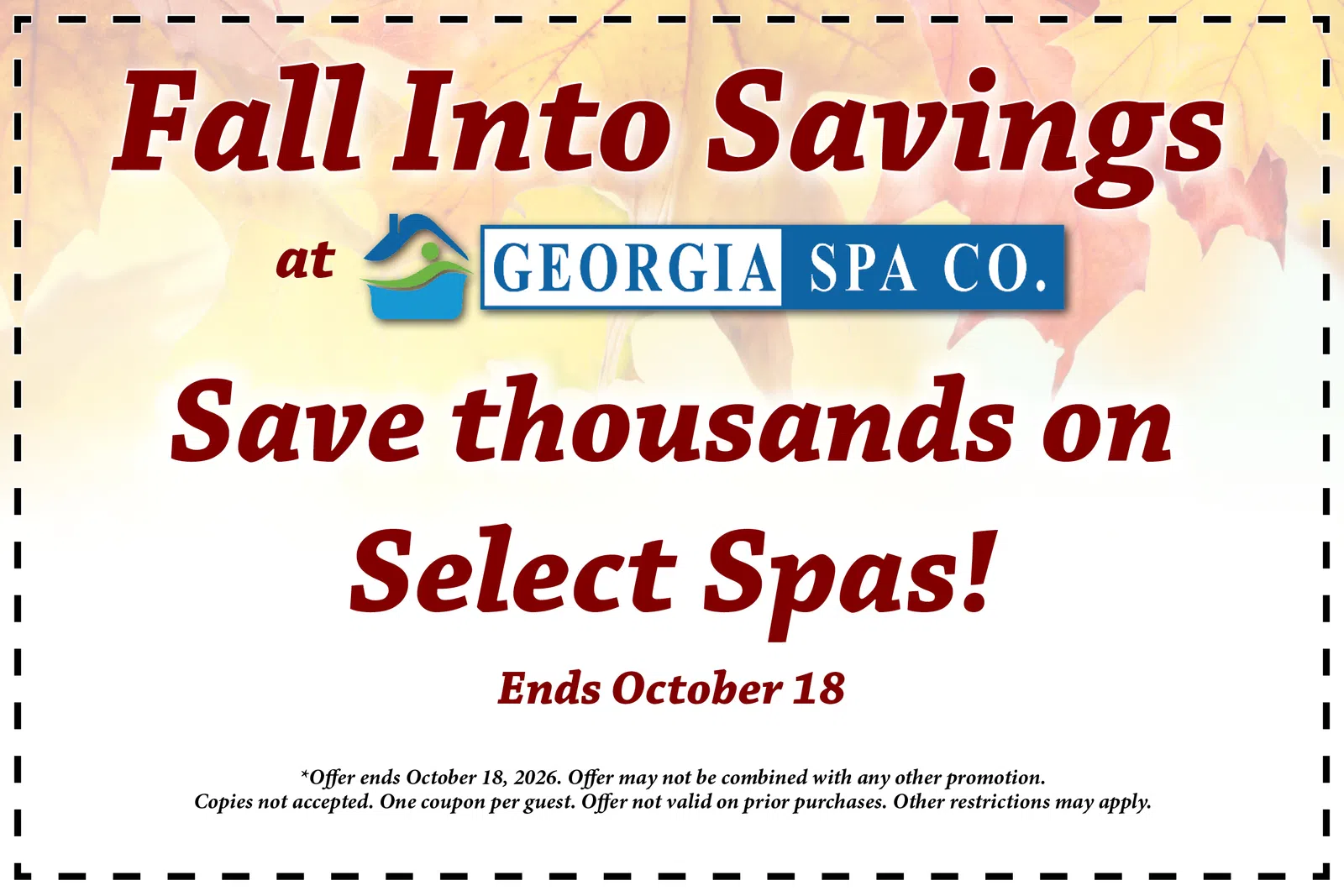 Fall savings at Georgia Spa Co with discounts on select spas, offer ends October 18, 2026.