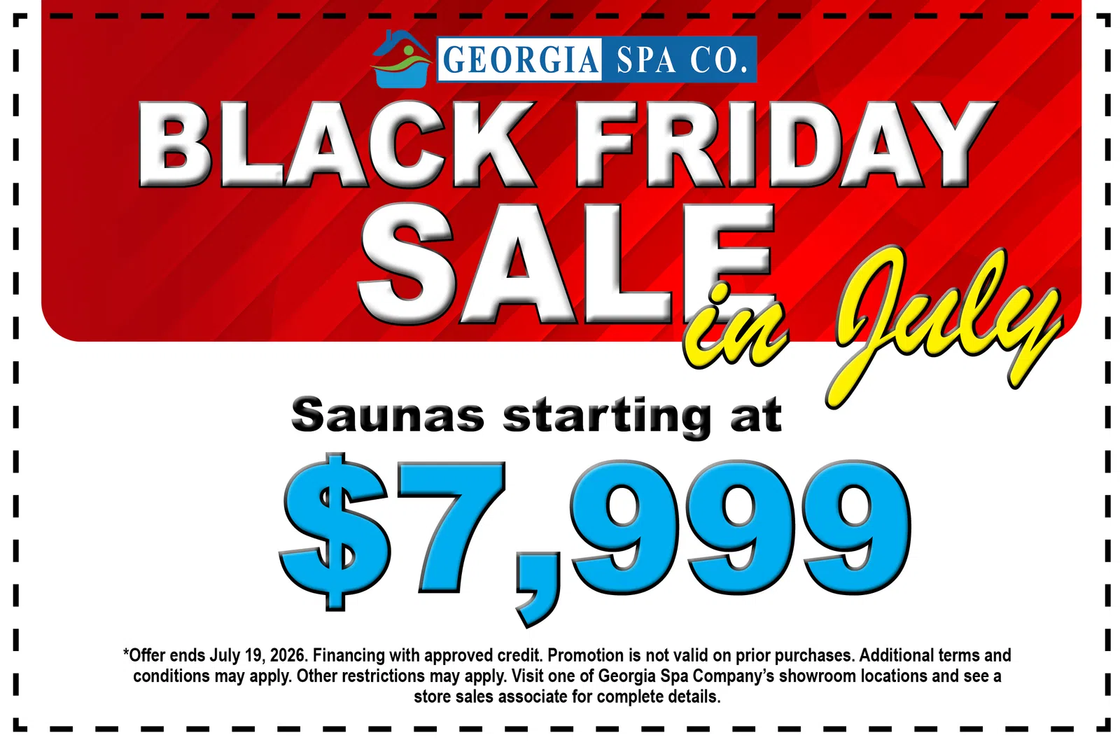 Georgia Spa Co. Black Friday sale in July with saunas starting at $7,999 and financing options available.