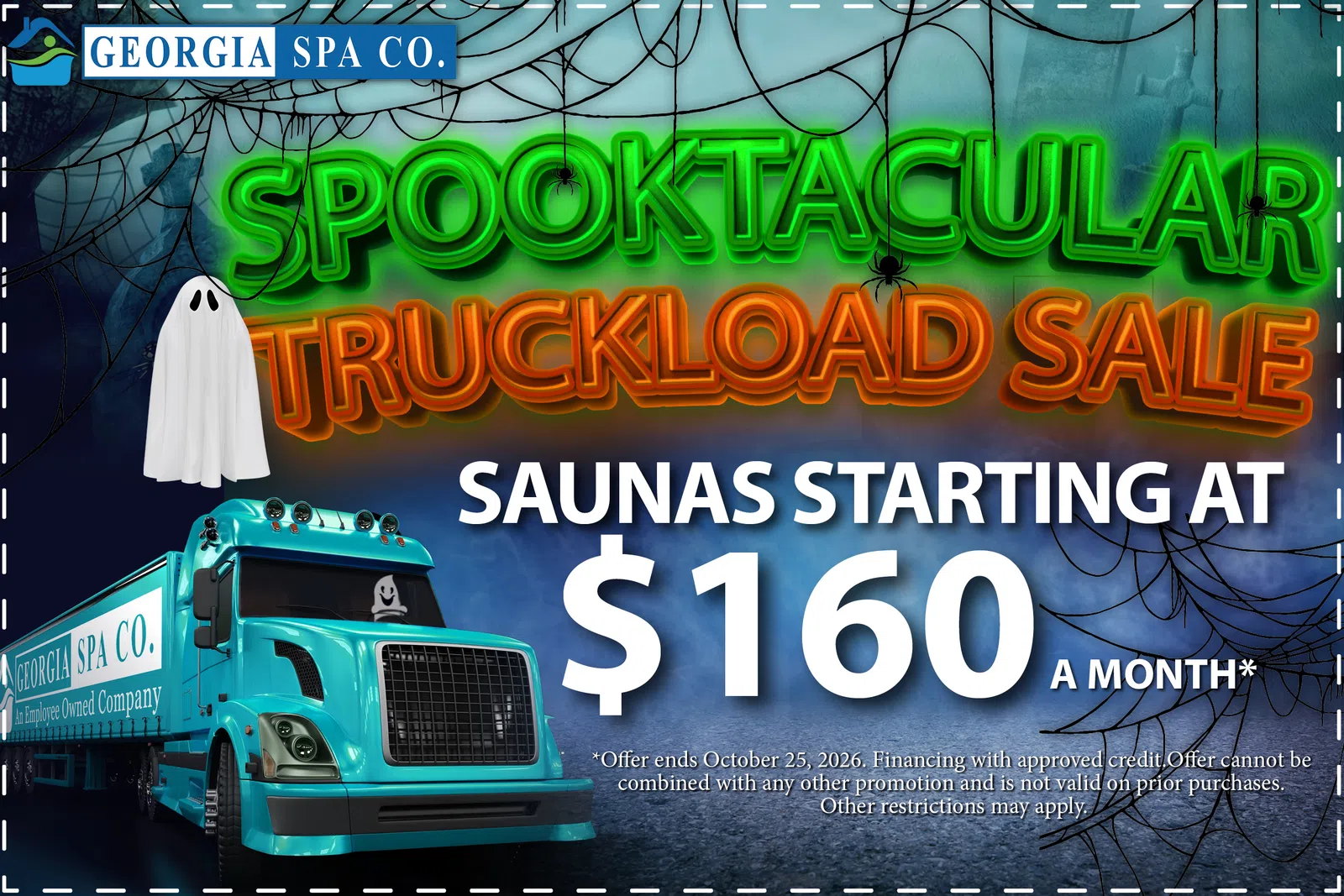 Advertising image with overlaid text for Georgia Spa Co. Spooktacular Truckload Sale offering saunas from $160 monthly.