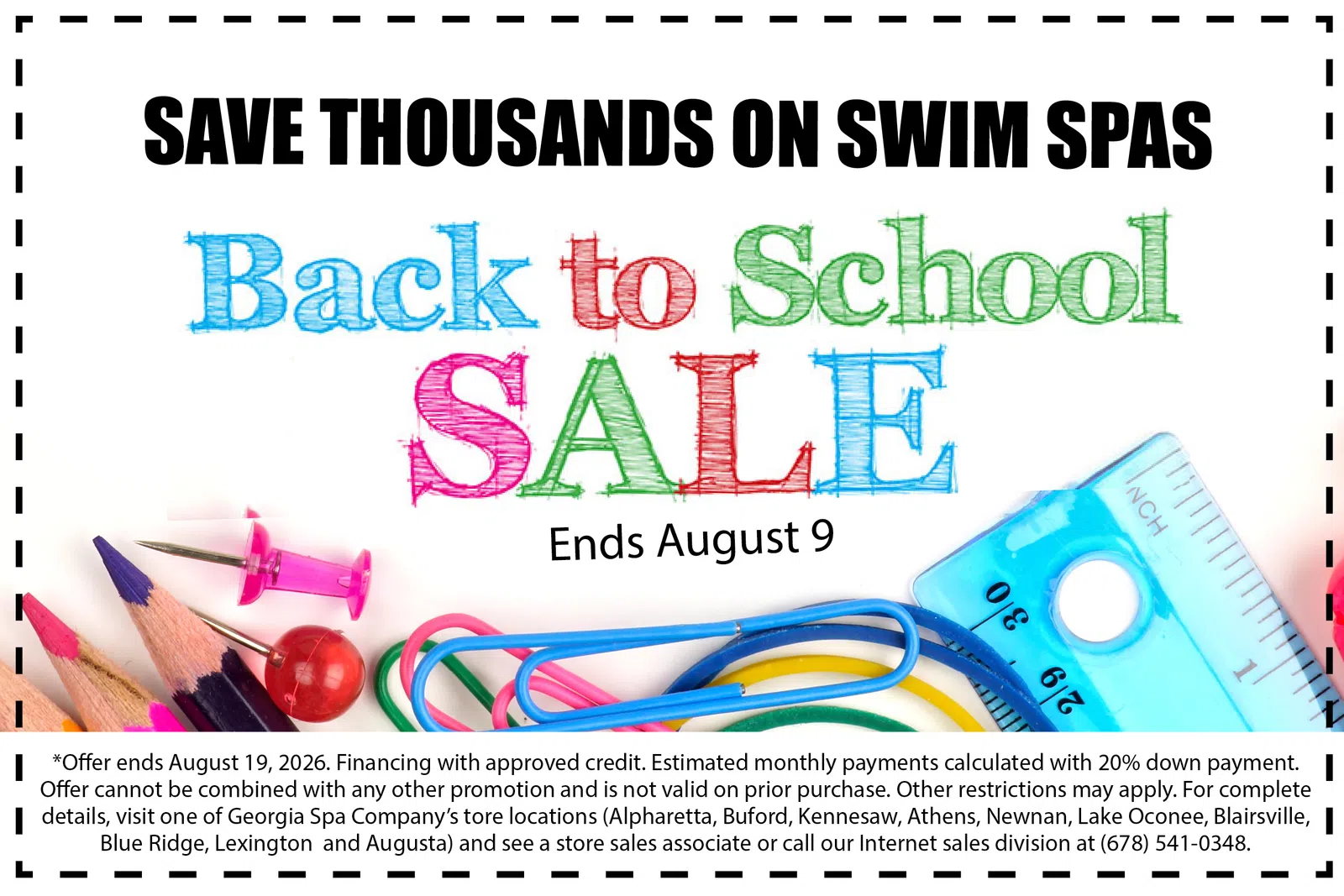 Colorful back to school sale text with pencils, push pins, paper clips, and a protractor against white background