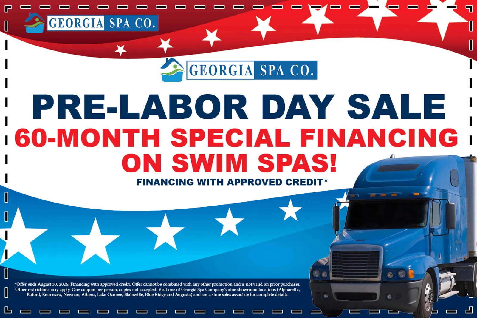 Pre-Labor Day sale by Georgia Spa Co. offering 60-month special financing on swim spas with blue truck image.