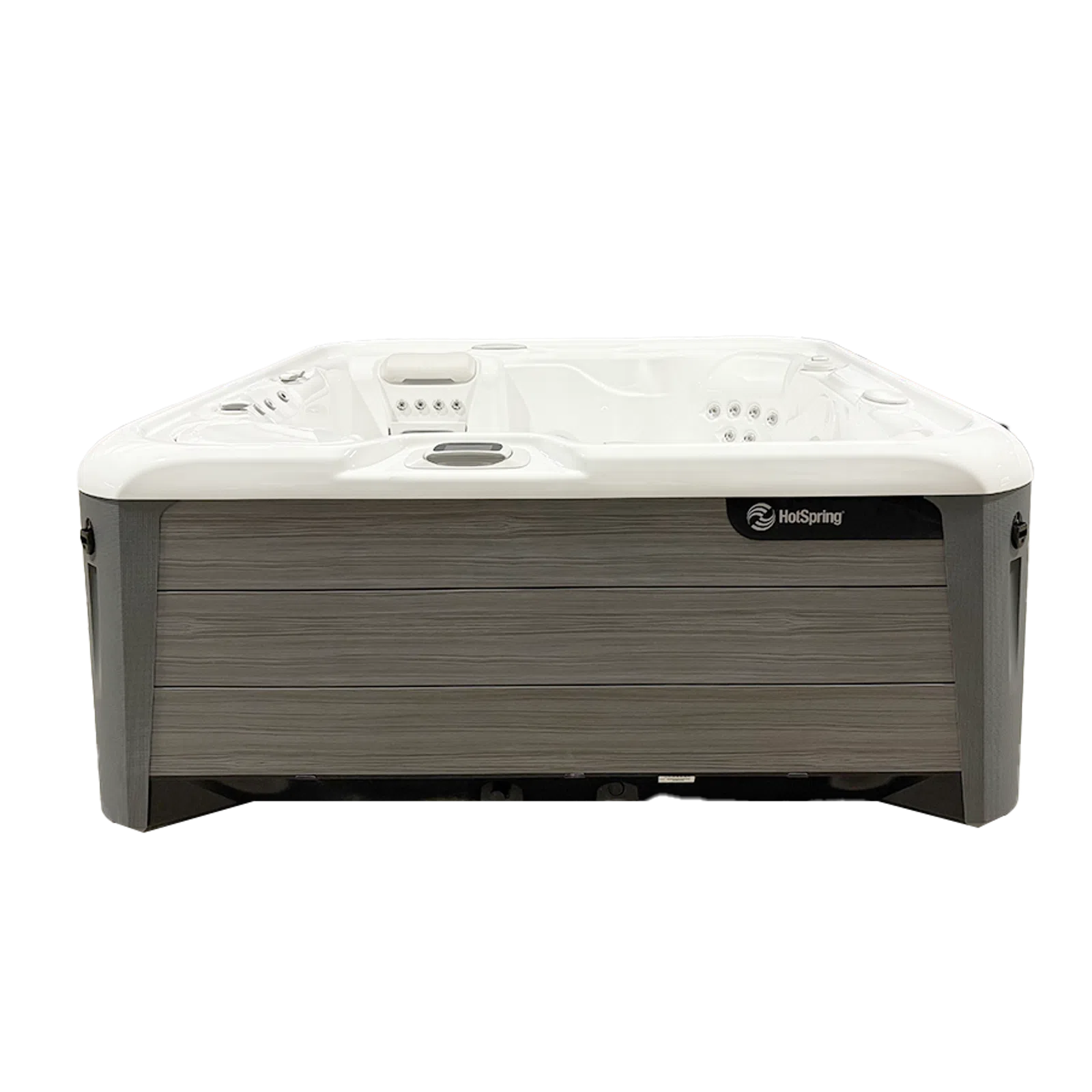 Modern HotSpring brand large white spa hot tub with wood panel exterior and multiple jets.