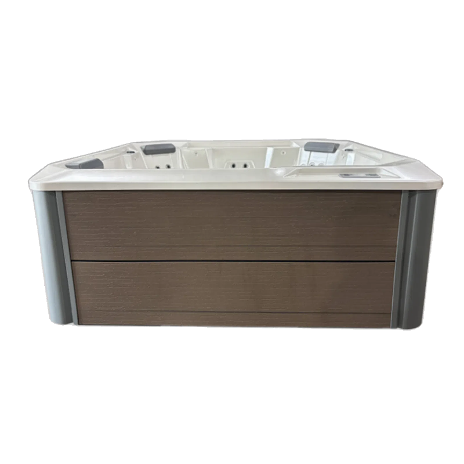 Modern rectangular hot tub with wood panel exterior and white interior with headrests and jets