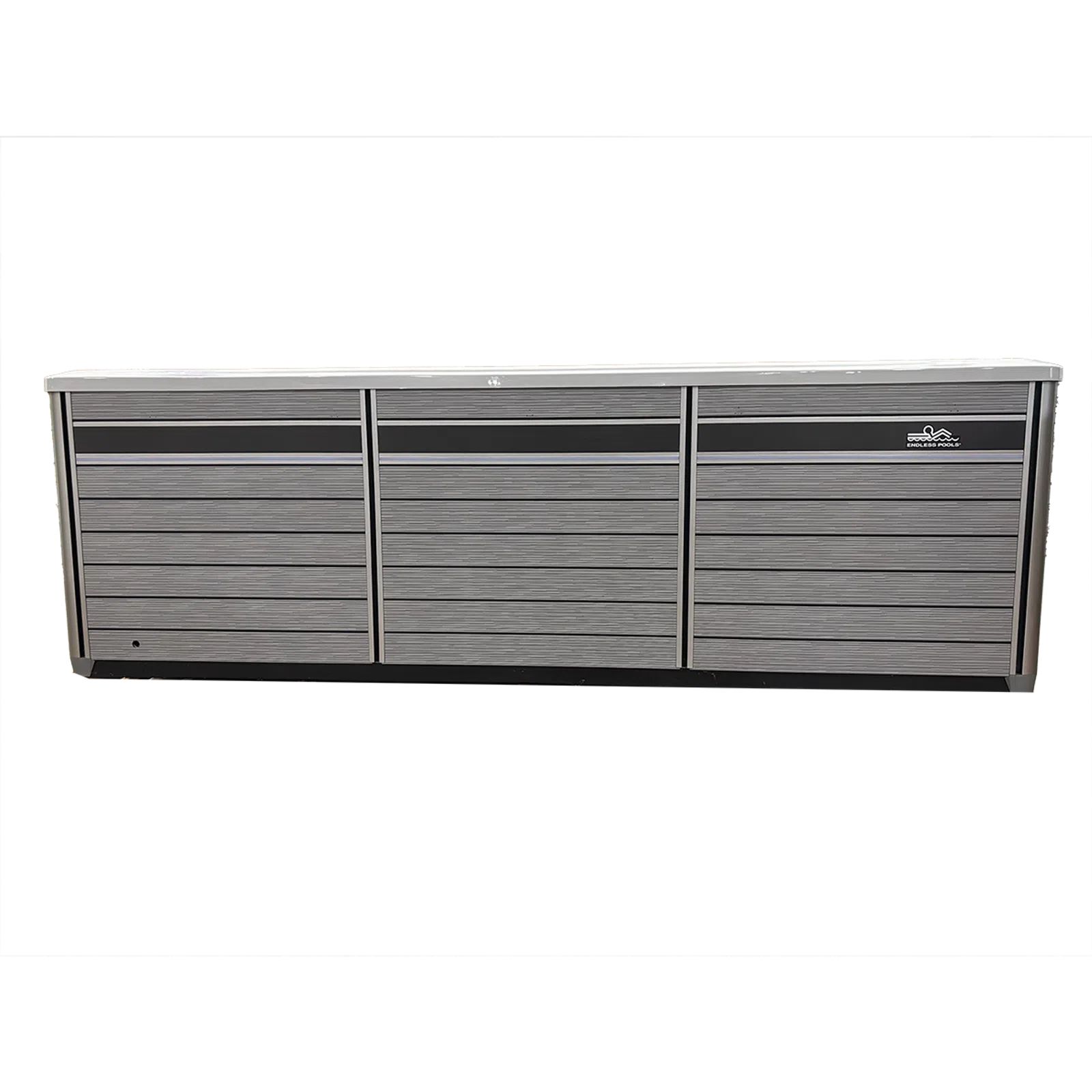 Long rectangular gray outdoor storage box with horizontal panel design and three compartments
