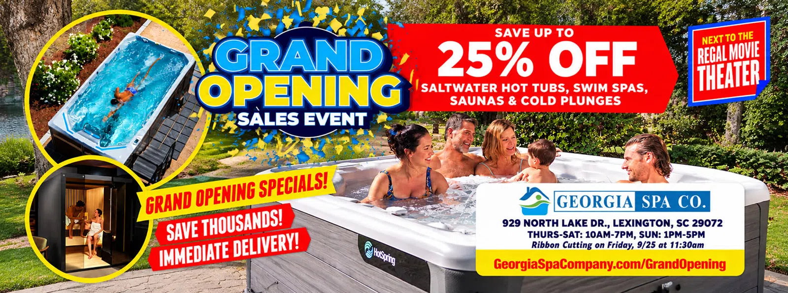 Family enjoying a hot tub during Georgia Spa Co. grand opening event with 25% off on hot tubs and spa products.