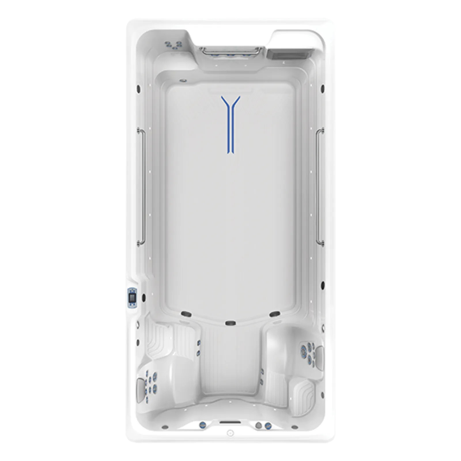 Top view of a modern white swim spa with seats, jets, handles, and digital controls for exercise and relaxation