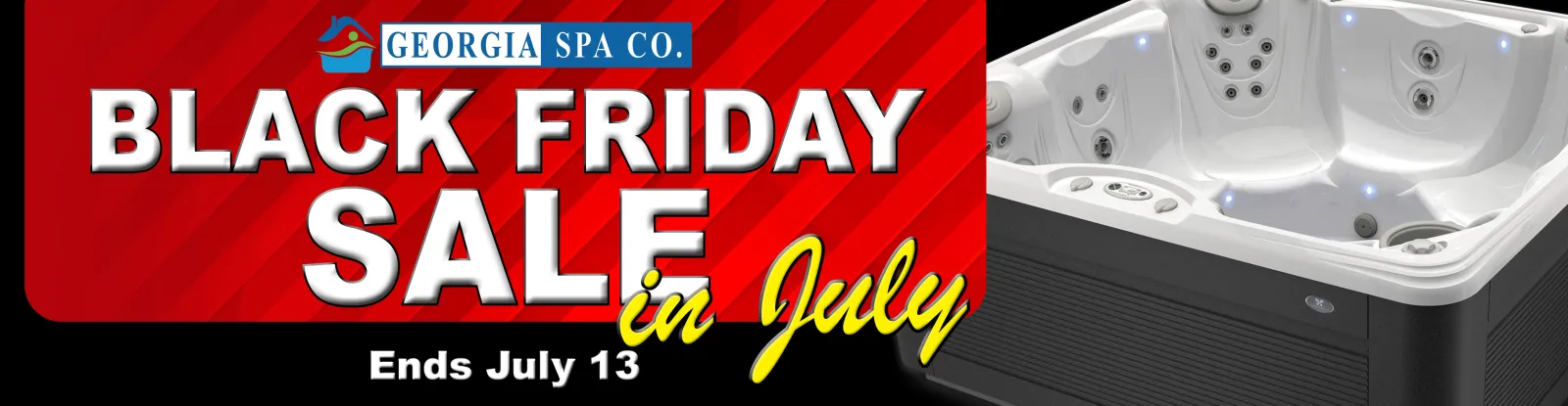 4th of July Big Sale with swimmer, woman relaxing in pool, and sauna scene under blue sky