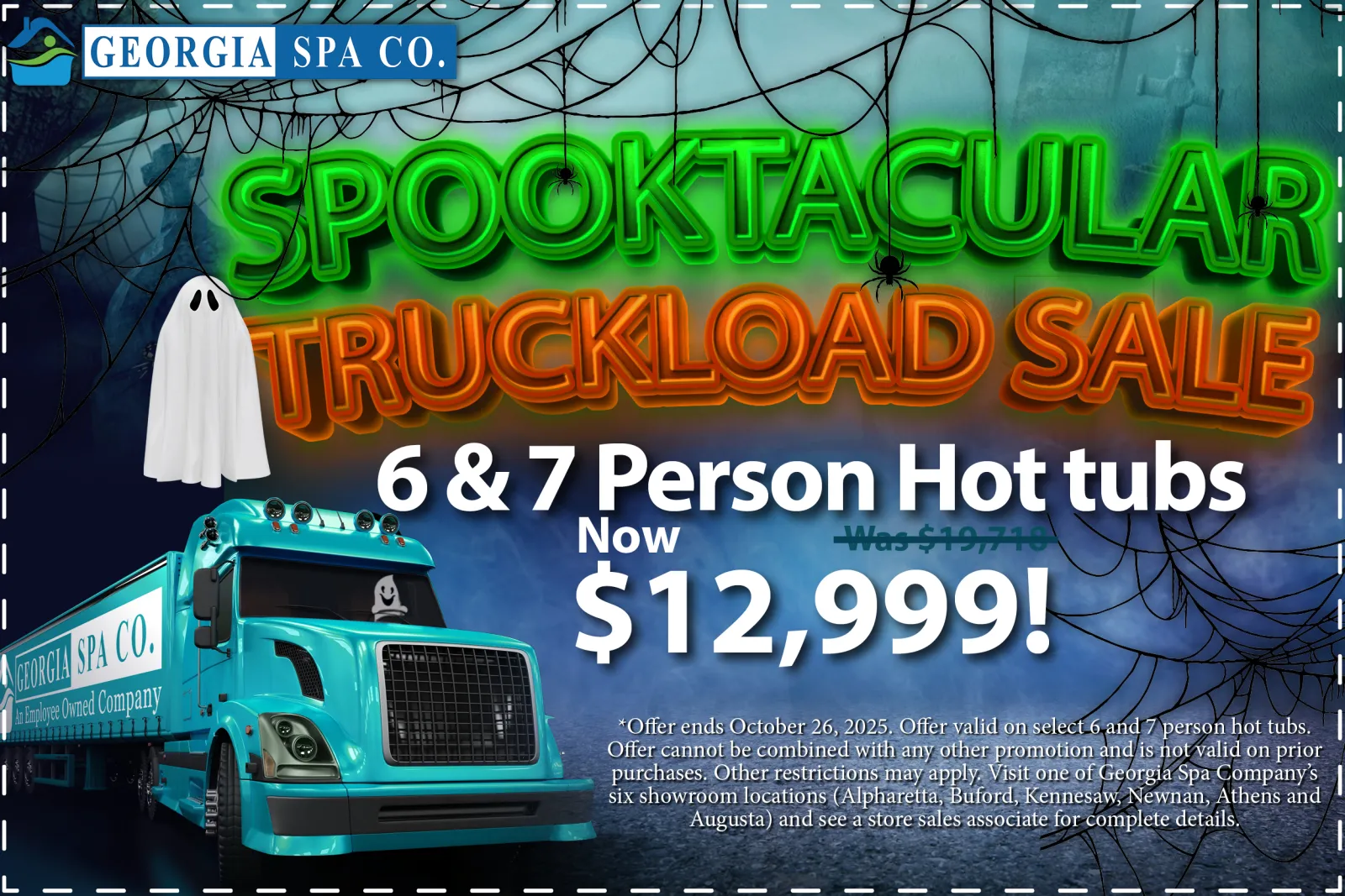 Halloween themed Spooktacular Truckload Sale on 6 and 7 person hot tubs for $12,999 by Georgia Spa Co.
