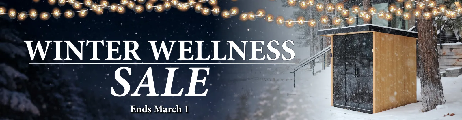Winter wellness sale promotion with snow, string lights, and a small wooden cabin in snow-covered landscape.