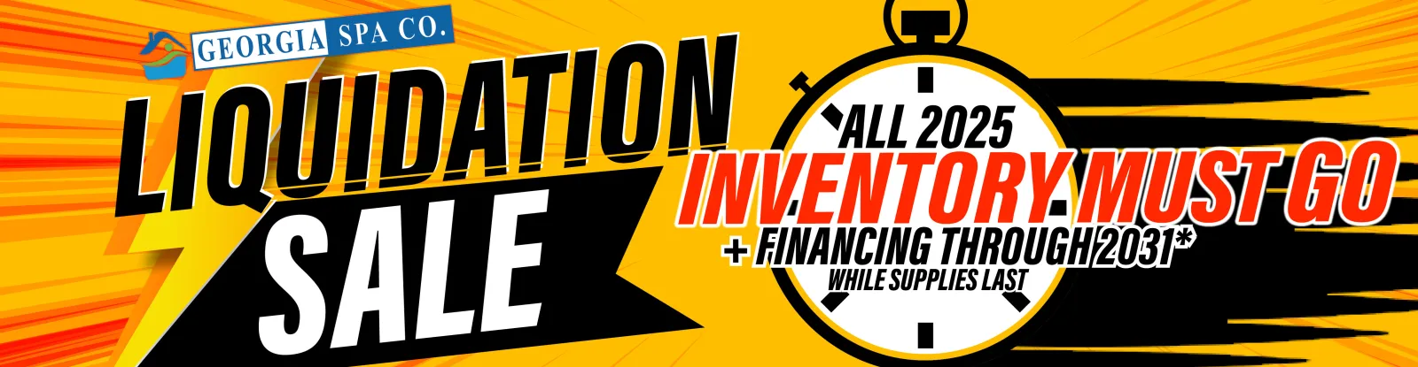 Georgia Spa Co. liquidation sale with inventory clearance and financing offers through 2031, bold text on yellow background