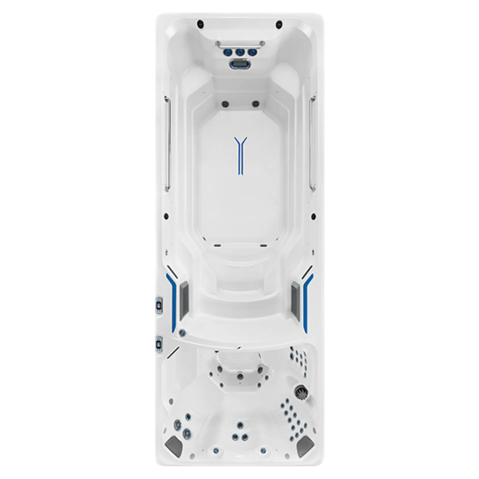 Top view of a white swim spa with multiple jet seats and a swim area, featuring blue and gray accents.