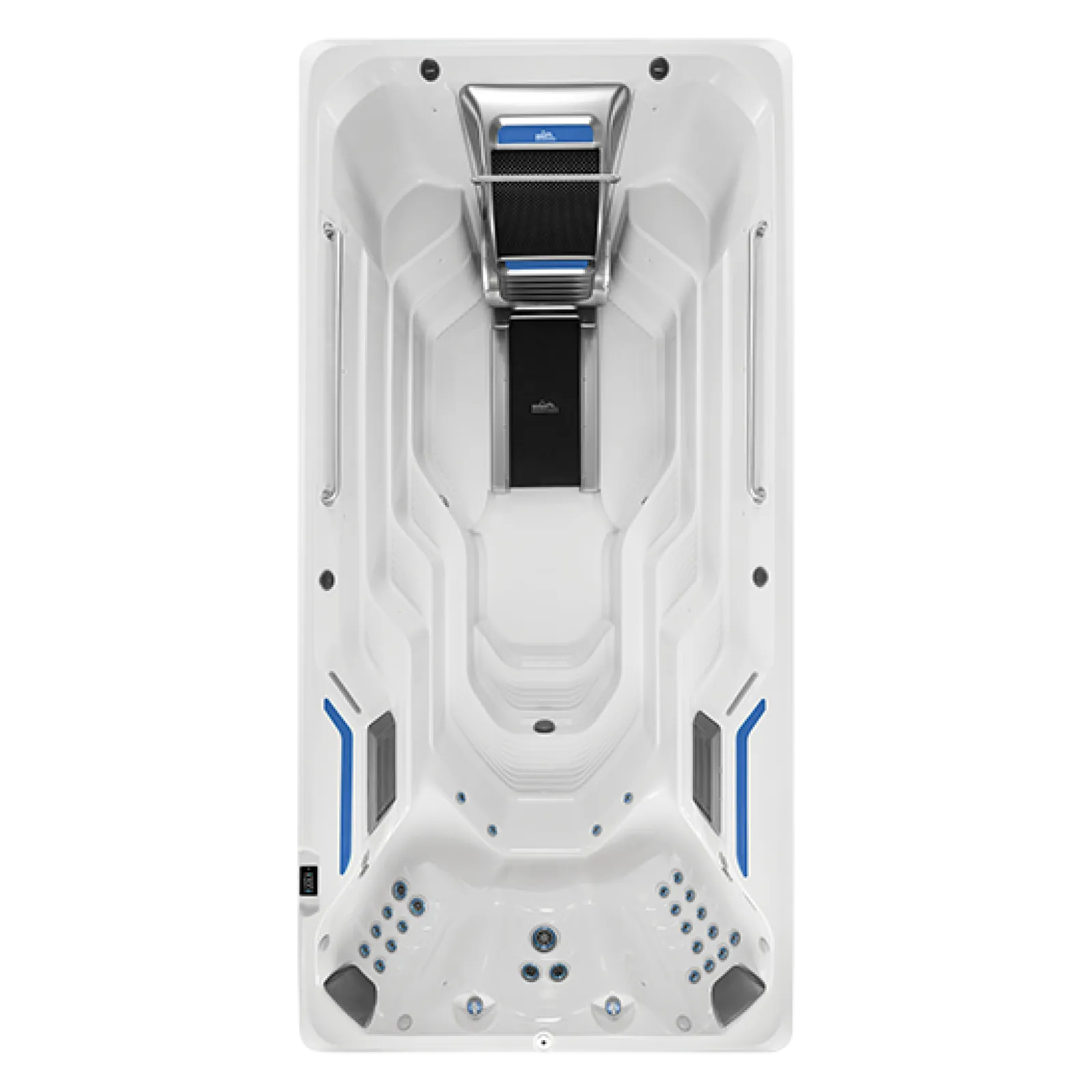 Overhead view of a white swim spa with built-in treadmill and multiple water jets for exercise and relaxation.