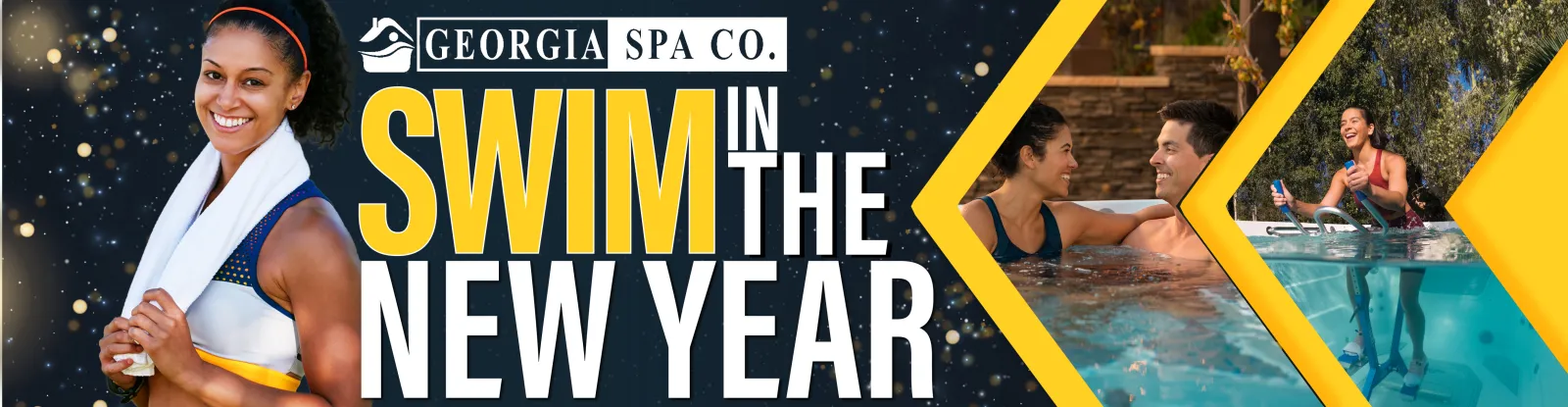 Smiling woman in towel and people enjoying pool with text Swim in the New Year by Georgia Spa Co.